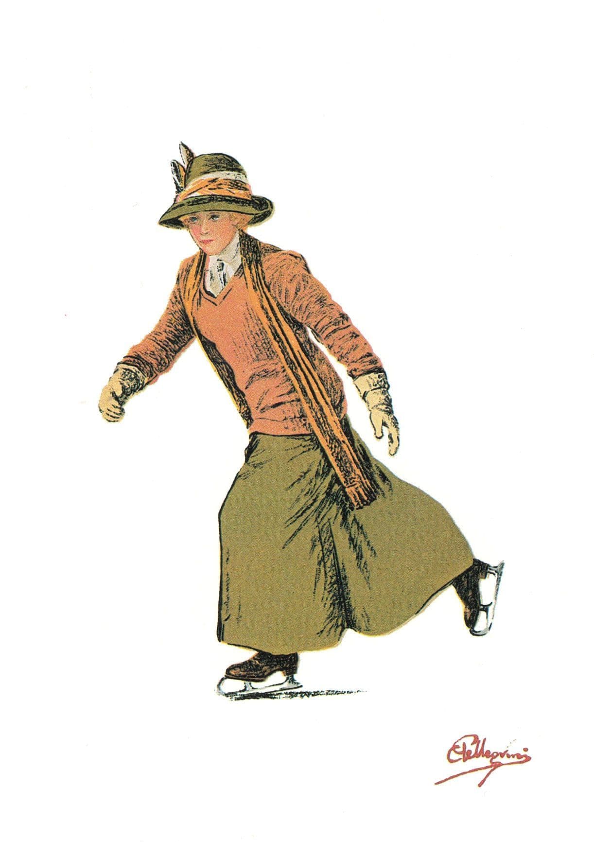 Pink Fashion Mature Elderly Lady Ice Skating Carlo Pellegrini Postcard