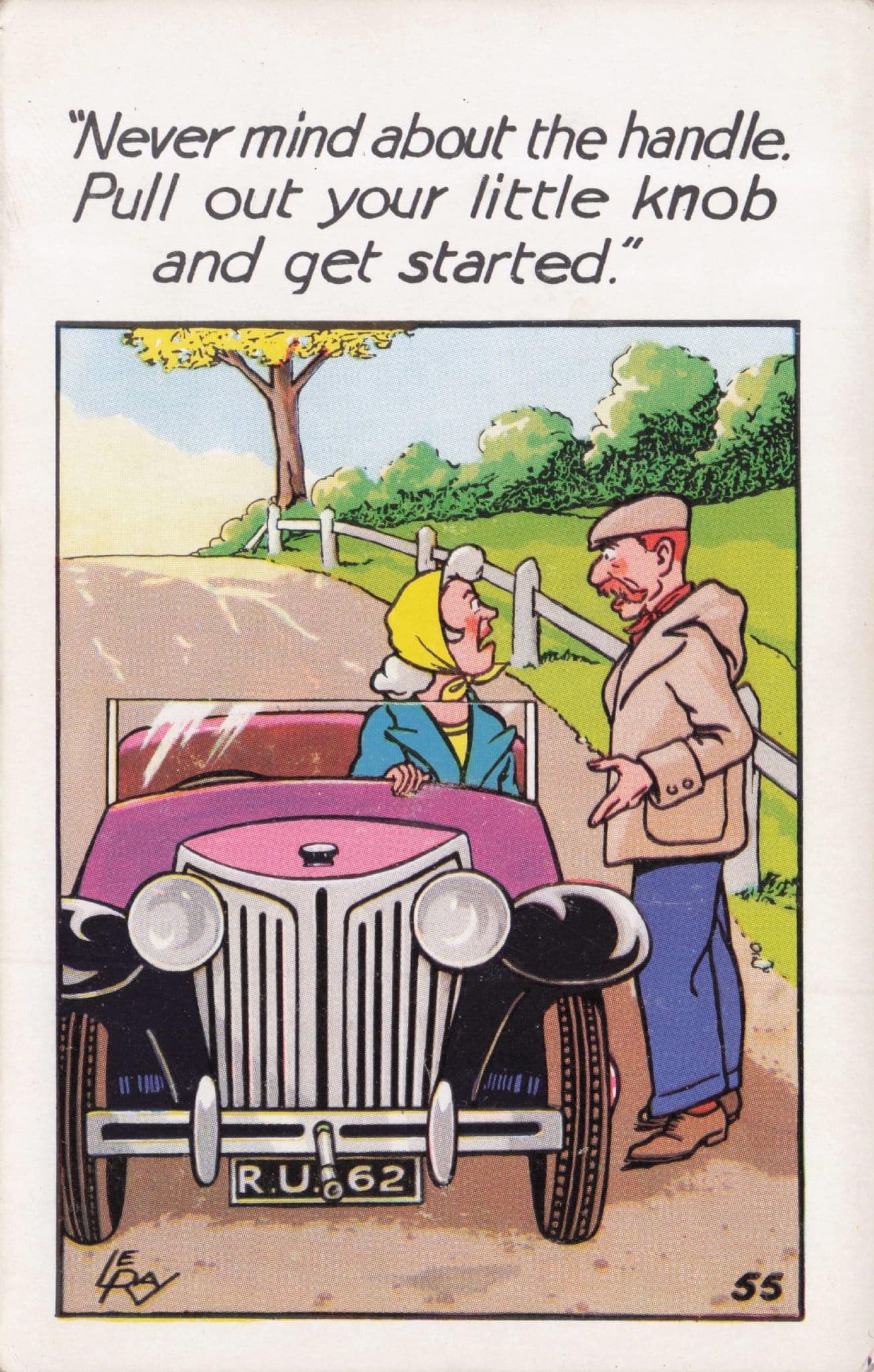 Pink Sports Classic Old Car Lady Handle Knob Country Lane Comic Postcard