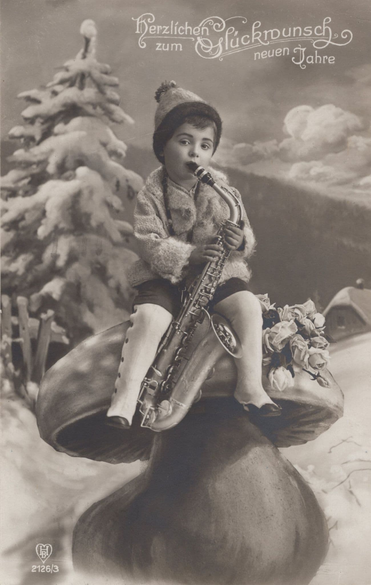 Pixie Child With Jazz Saxophone Antique German Postcard
