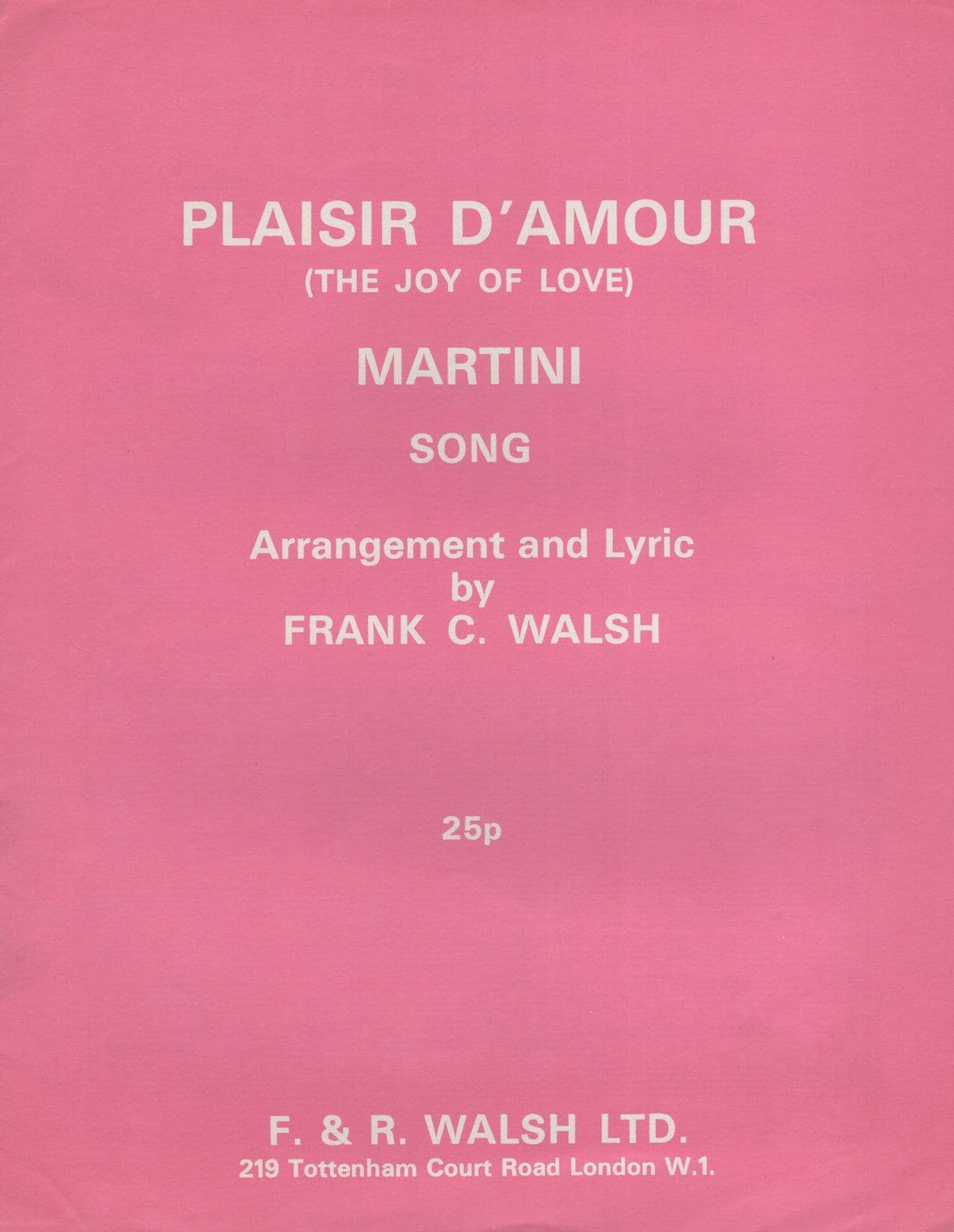 Plaisir D'Amour 1970s Martini Song Frank Walsh Vintage Sheet Music