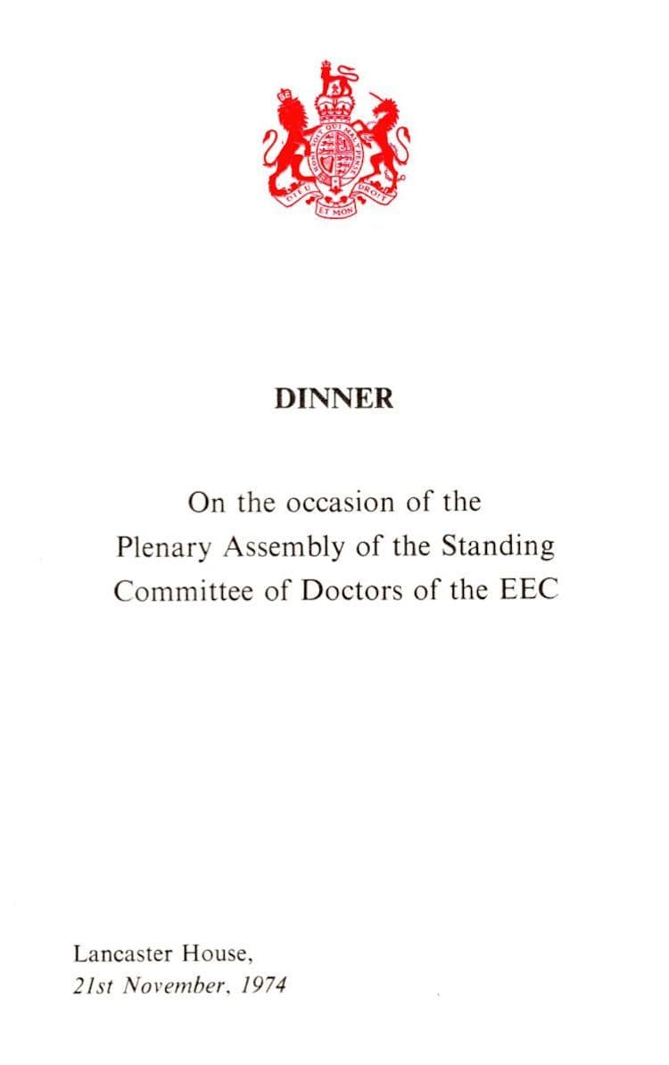 Plenary Assembly Standing Committee Of Doctors London 1974 Dinner Menu