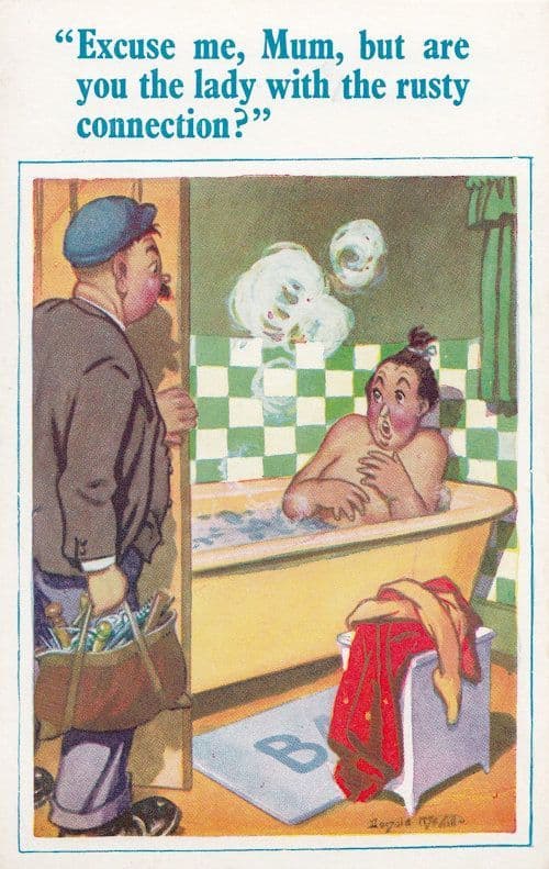 Plumber Attends To Rusty Bath Lady Comic Postcard