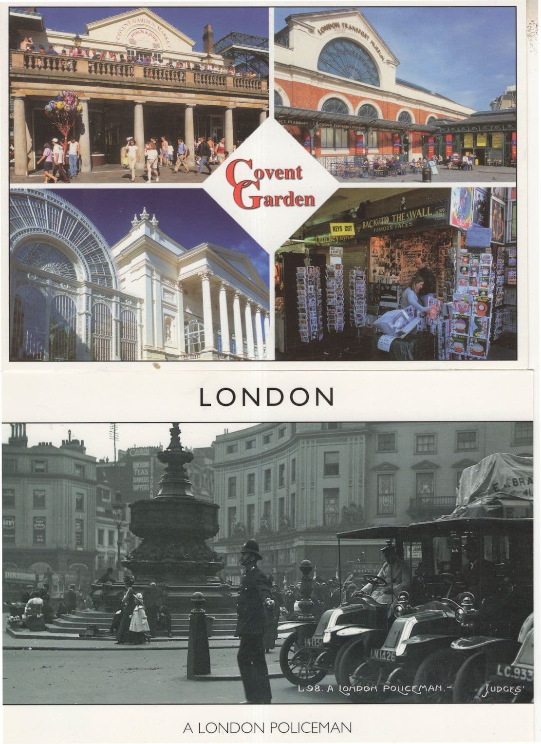 Policeman Covent Garden London & Face Shop 2x Postcard s