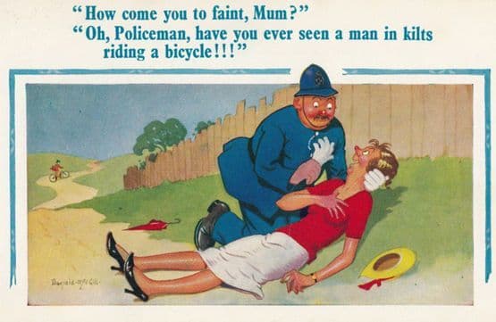 Policeman Helps Swooning Lady Over Scotsman Riding Bike Comic Humour Postcard