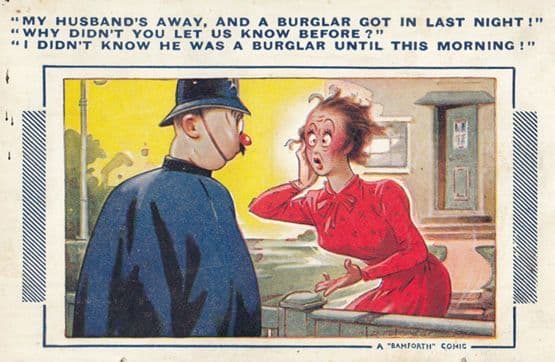 Policeman Lady Burglar Break In Comic Humour Postcard