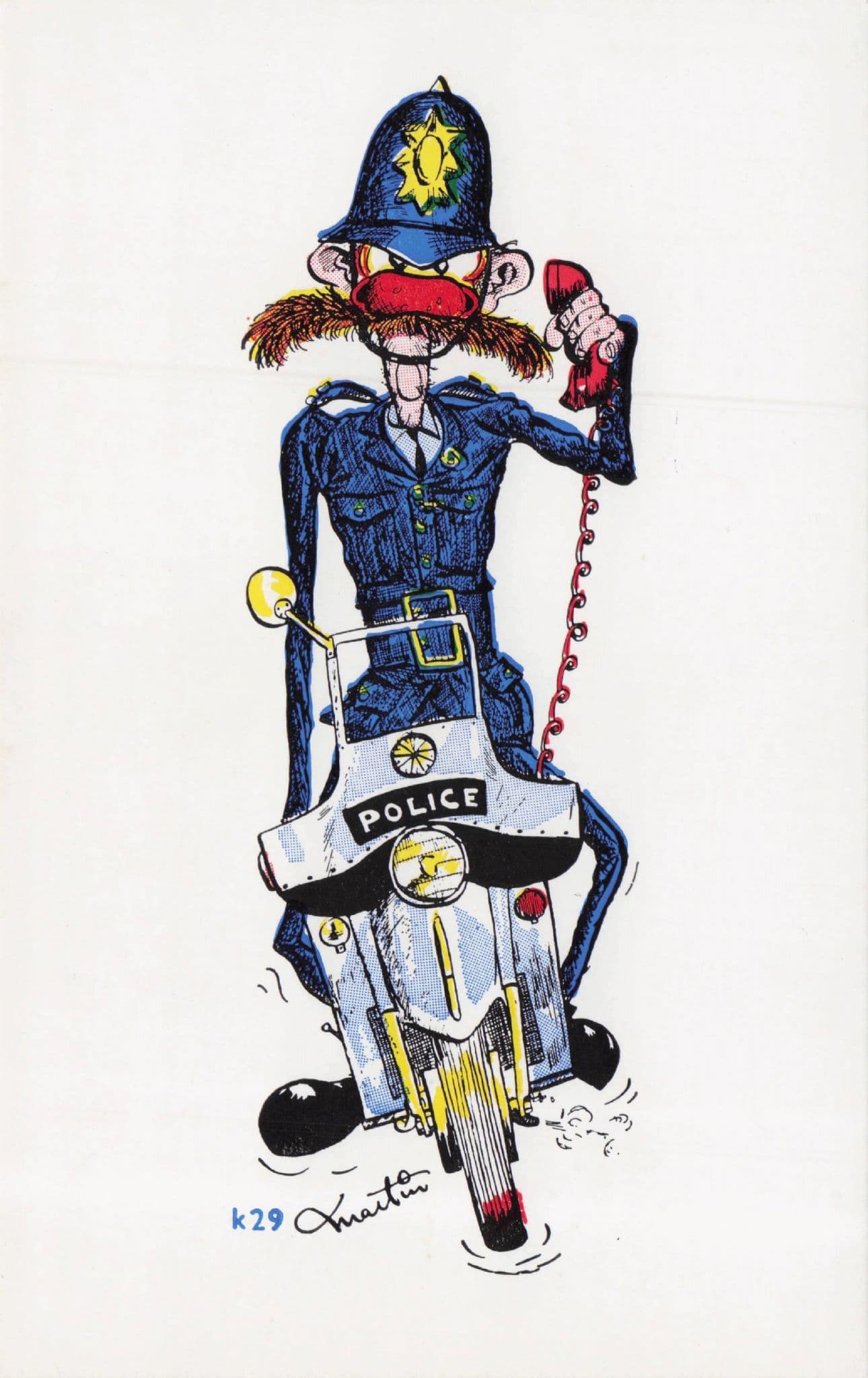 Policeman Old Motorbike Red Telephone 1970s Caricature Comic Postcard