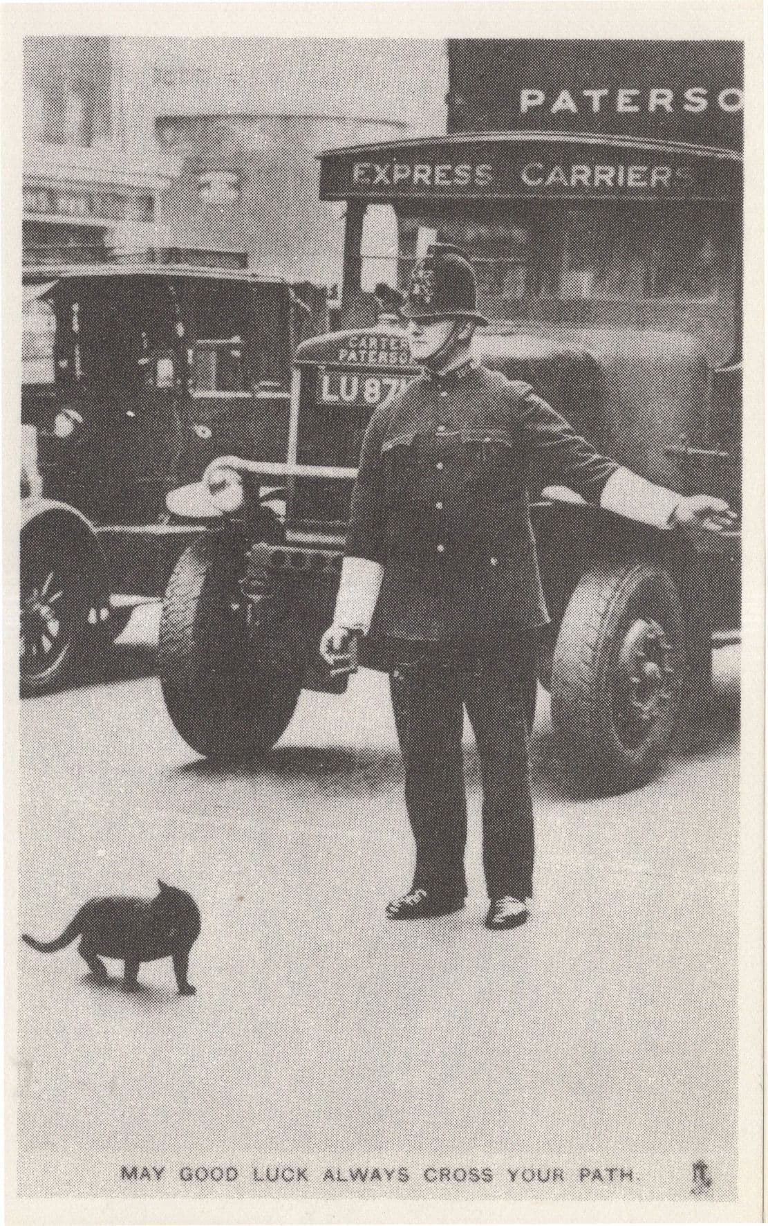 Policeman Shows Black Cat Crossing Road Comic Advertising Postcard