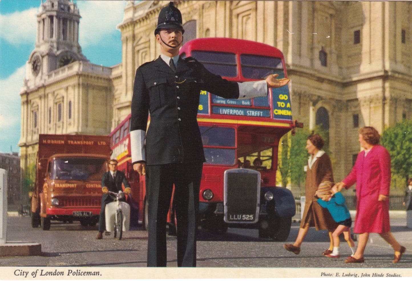 Policeman Stops Liverpool Street Double Decker Bus 1980s Postcard