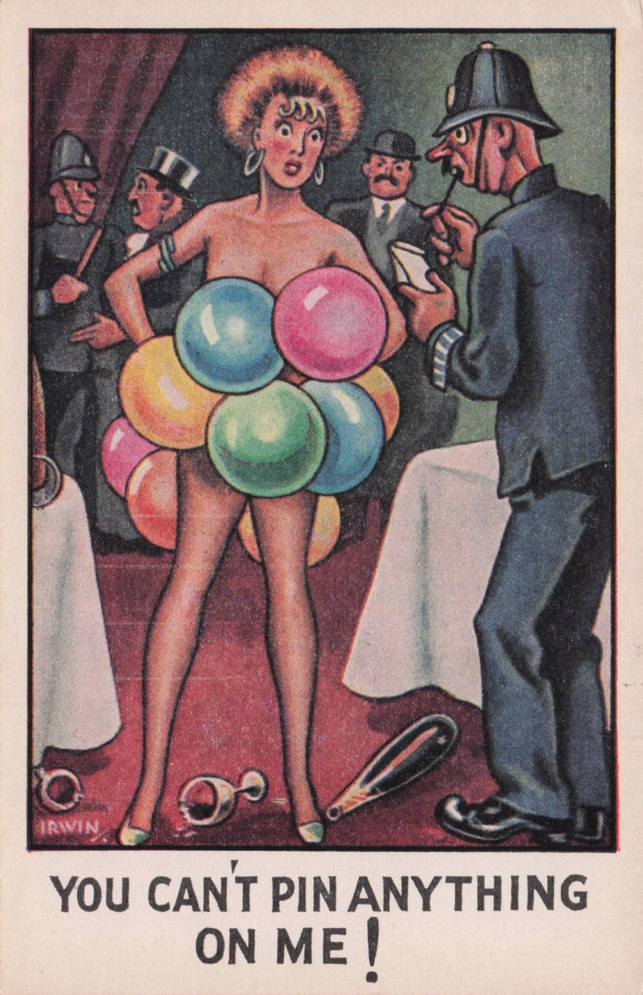 Policeman With Sexy Stripper Lady Darts Balloons Antique Comic Postcard