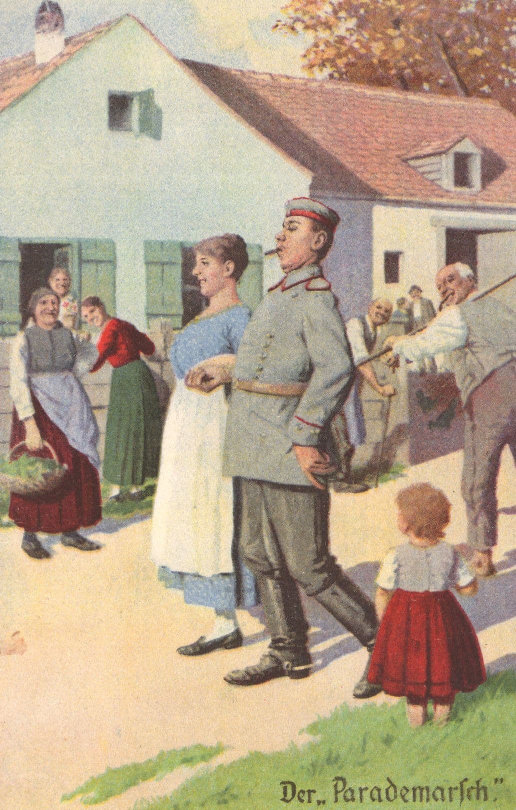 Pompous German Soldier Marching Lady At Farm WW1 Painting Postcard