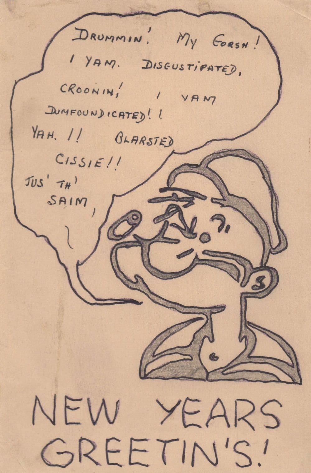 Popeye Antique Drawing New Years Day Postcard