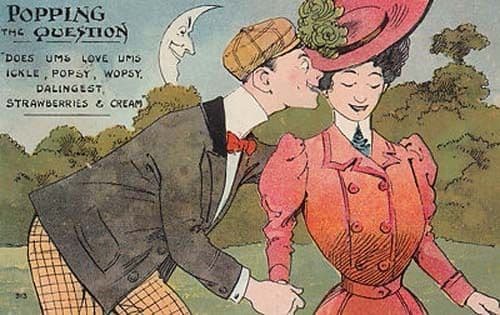 Popping The Question Proposing Marrige Strawberries & Cream Old Antique Postcard