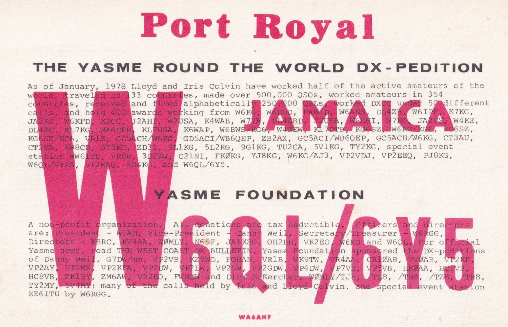 Port Royal Jamaica QSL Radio Card