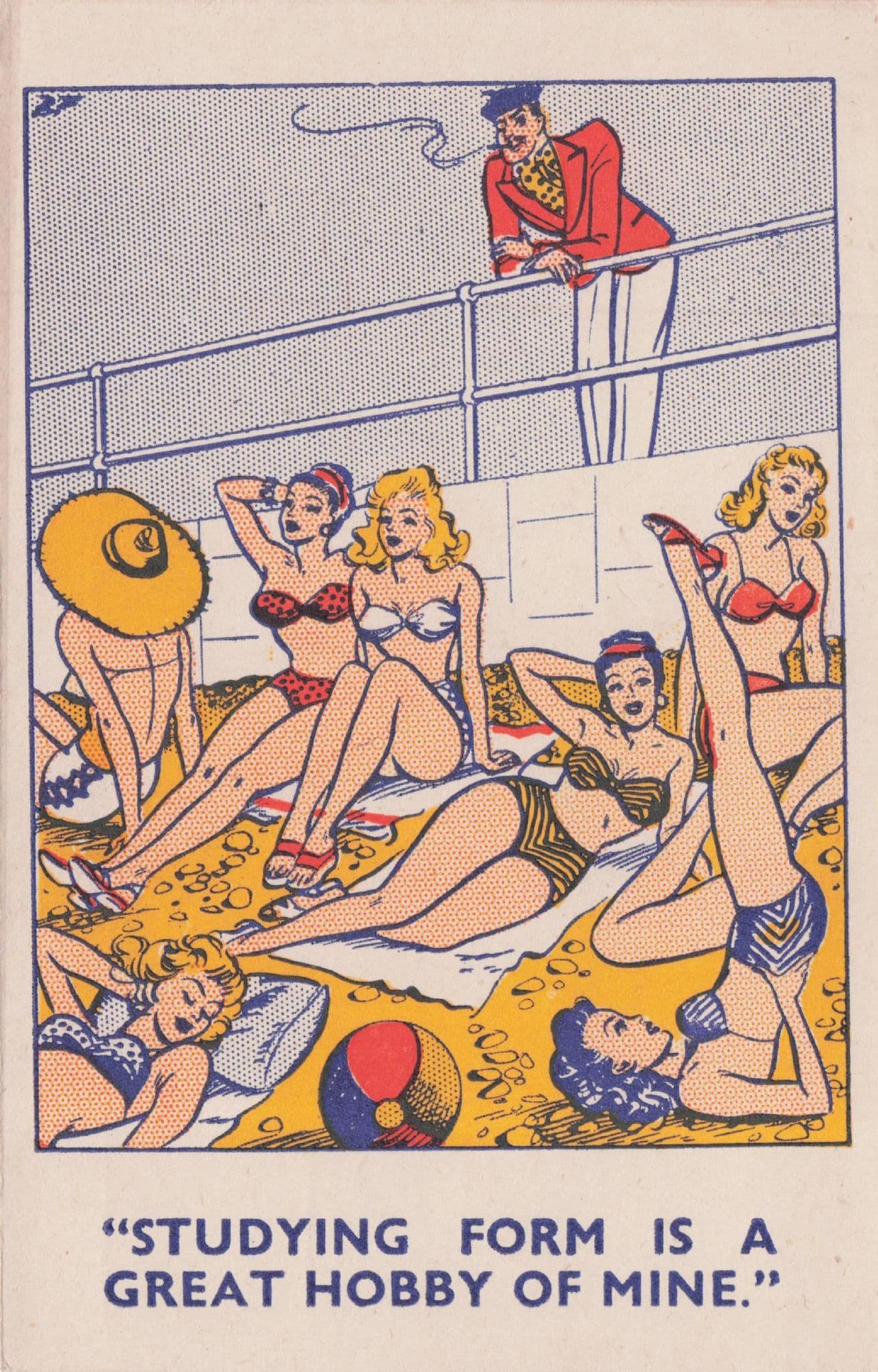 Posh Man Studying Beach Beauty Sexy Girls Smoking Old Comic Postcard
