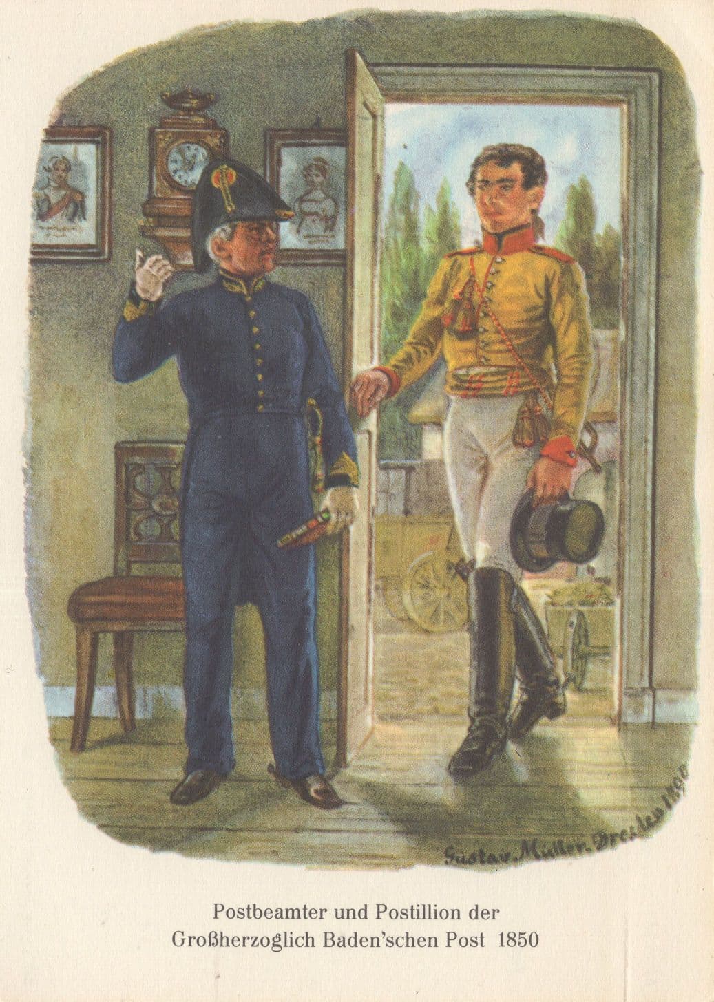 Postbeamter & Postillion Baden German 1850 Postman Painting Postcard