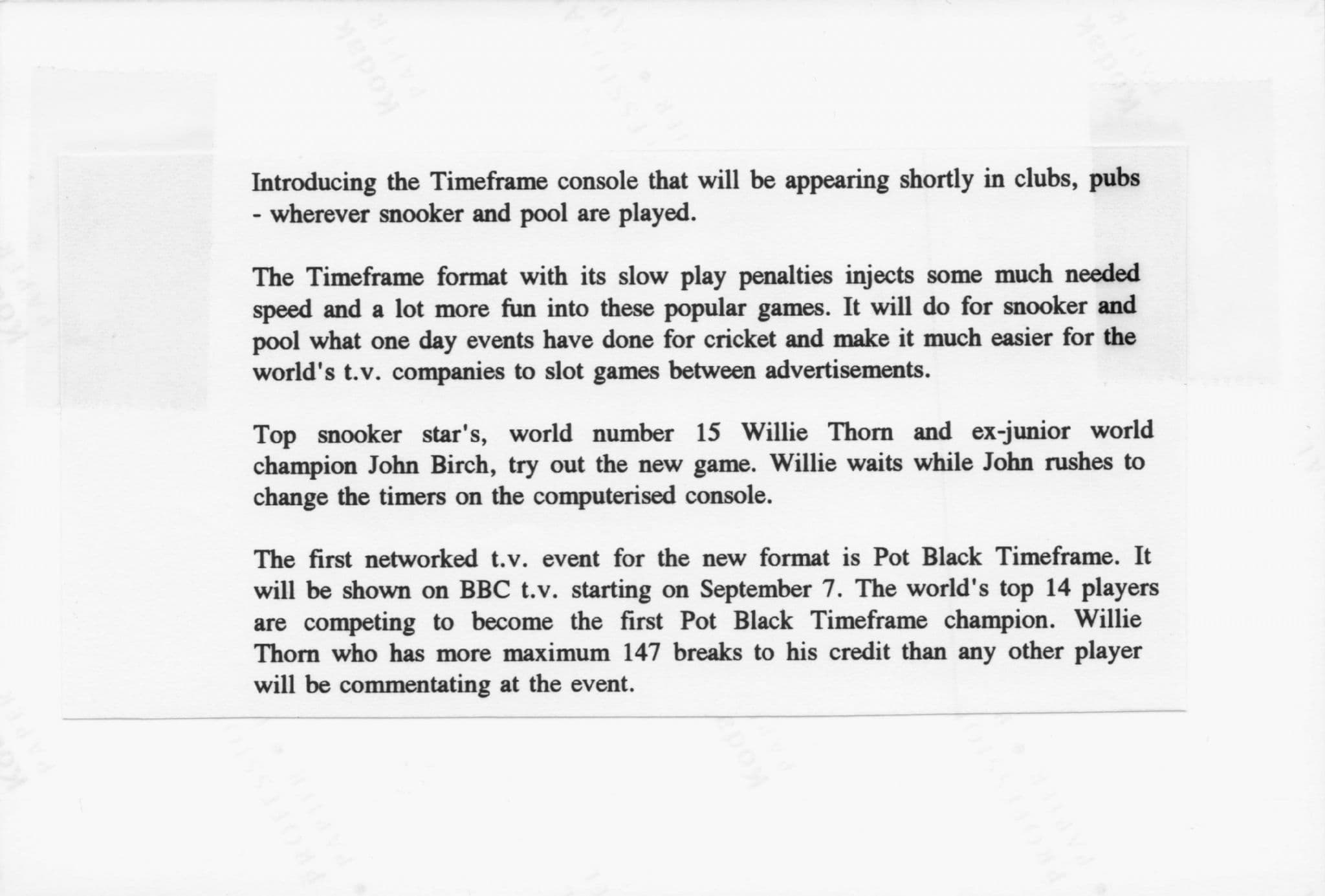 Pot Black Snooker TV Show Time Frame Willie Thorne Launch Press Photo