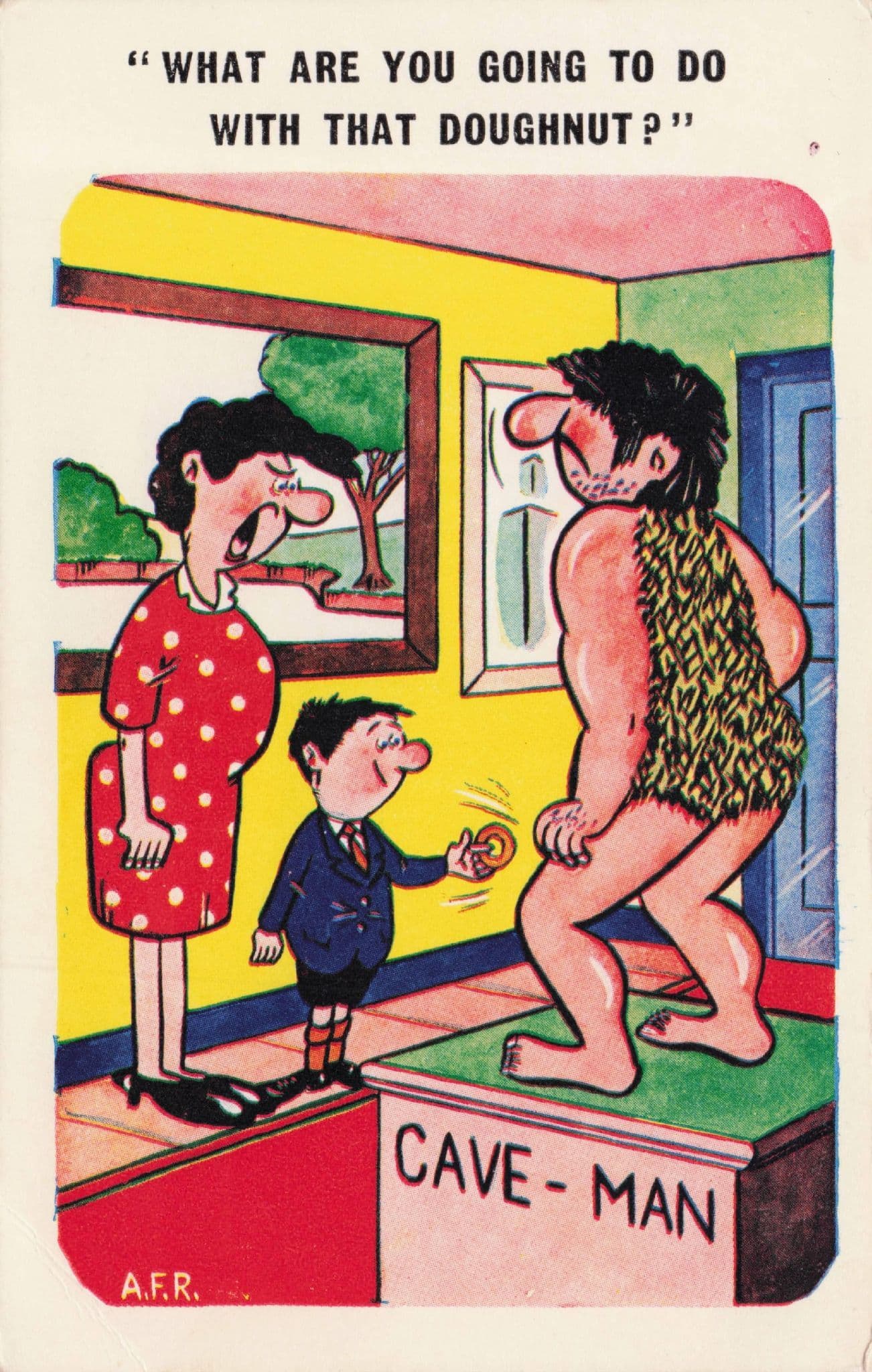 Prehistoric Cave Man Museum Exhibit Doughnut Vintage Comic Postcard