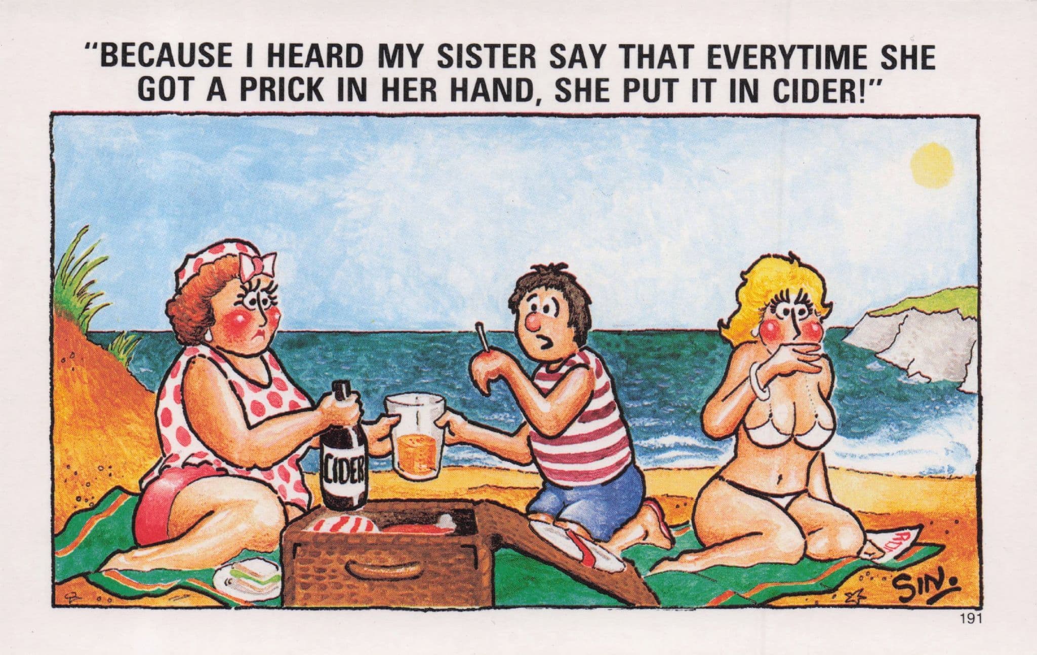 Prick In Hand Cider Drinking Beach Picnic Sexy Lady Comic Postcard