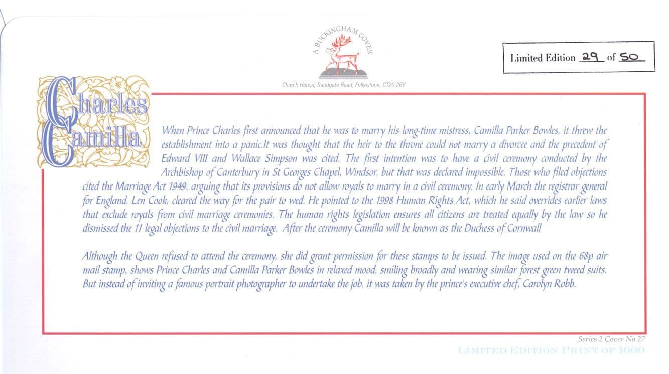 Prince King Charles Camilla Bowles Royal Wedding 2005 LTD TO 50 FDC