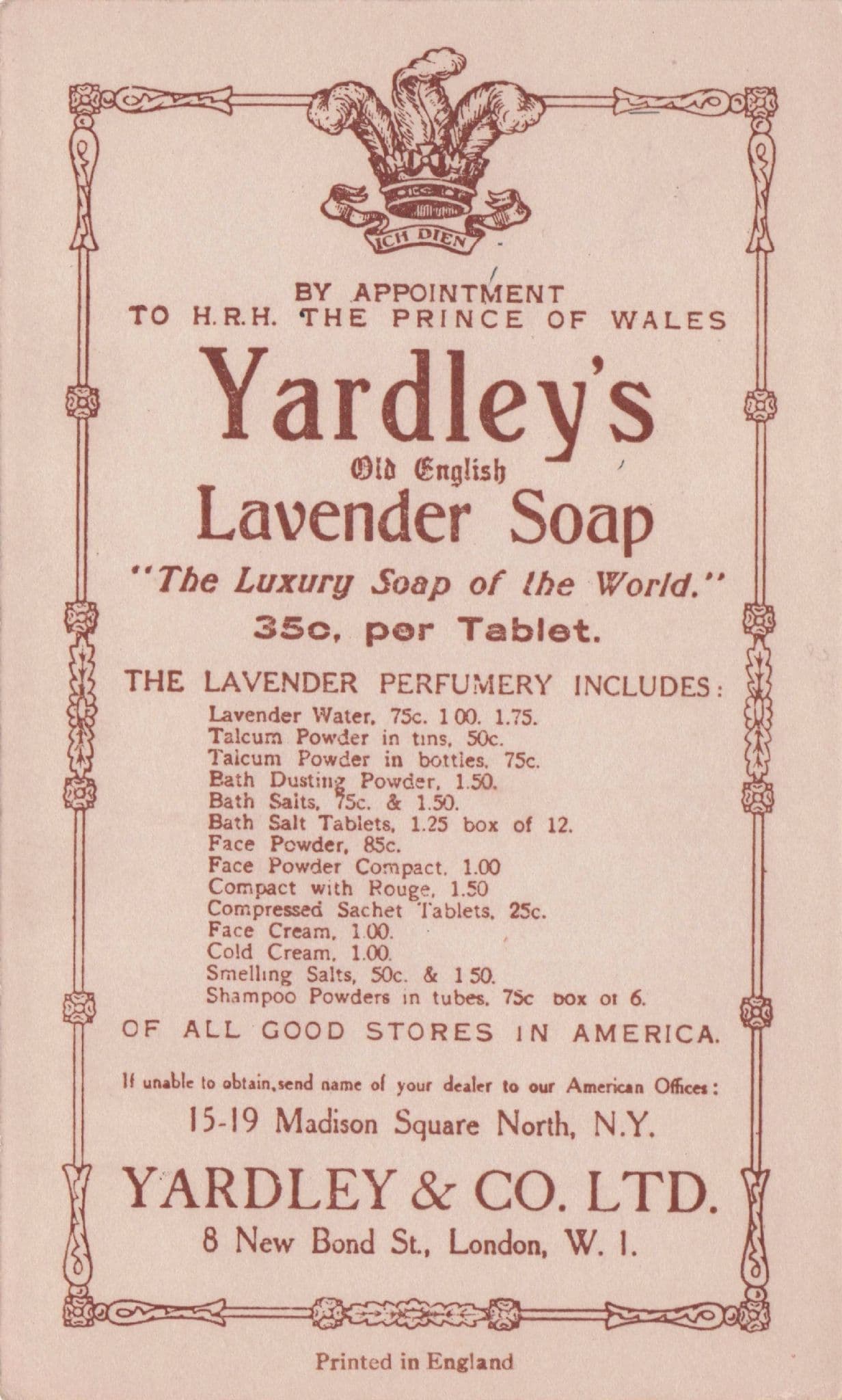 Prince Of Wales Yardley Soap No 8 Old Advertising RPC Postcard