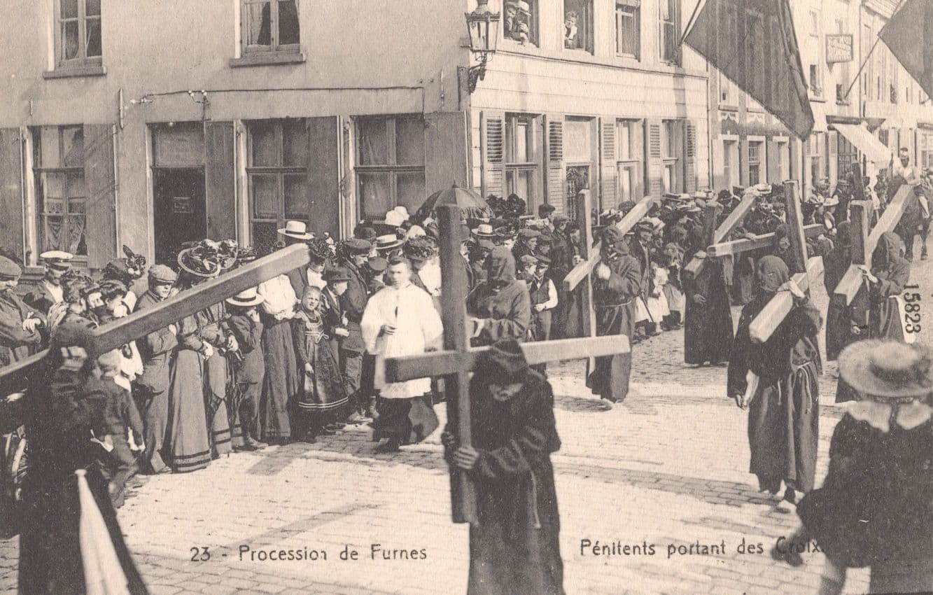 Procession De Furnes Penitents Portant Croixants Belgium Old Postcard