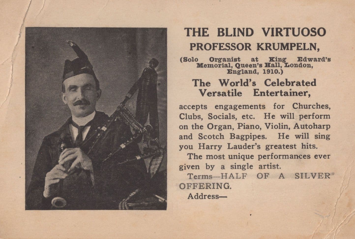 Professor Krumpelin Blind Scottish Bagpipes 1910 London Concert Postcard