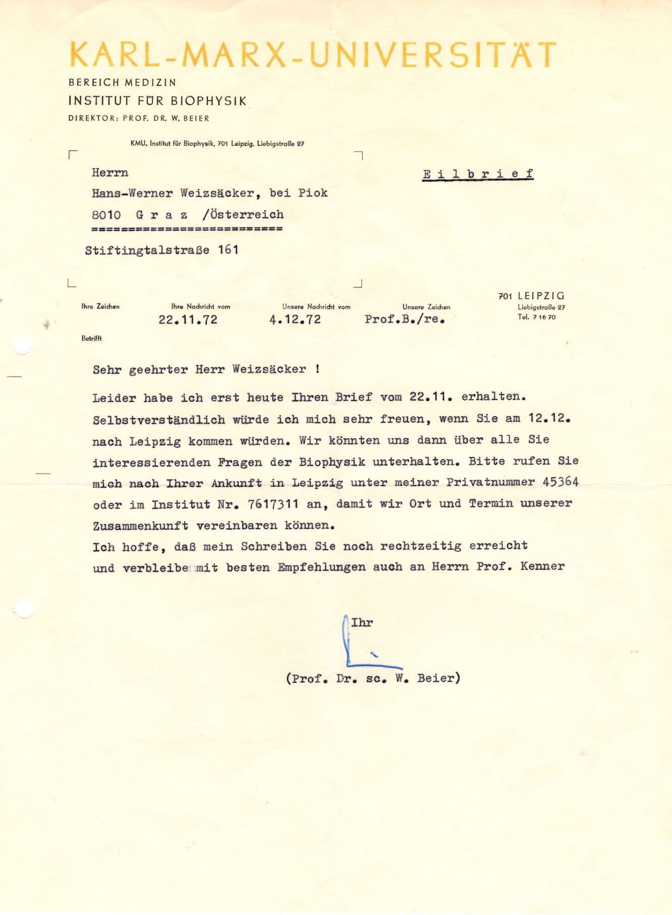 Professor W Beier German Biophysics Physicist Science Hand Signed letter