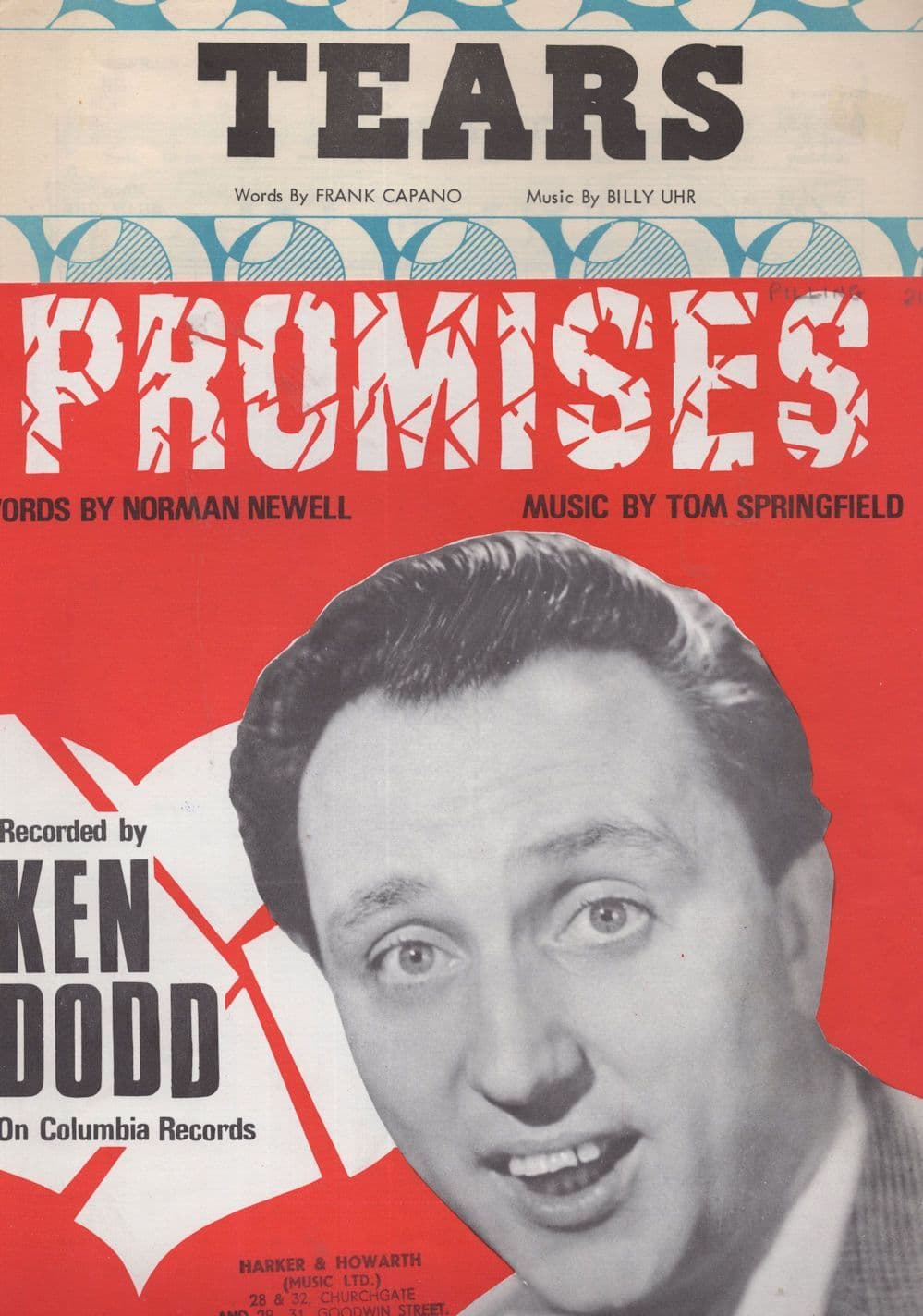 Promises Tears 2x Ken Dodd Vintage Sheet Music s