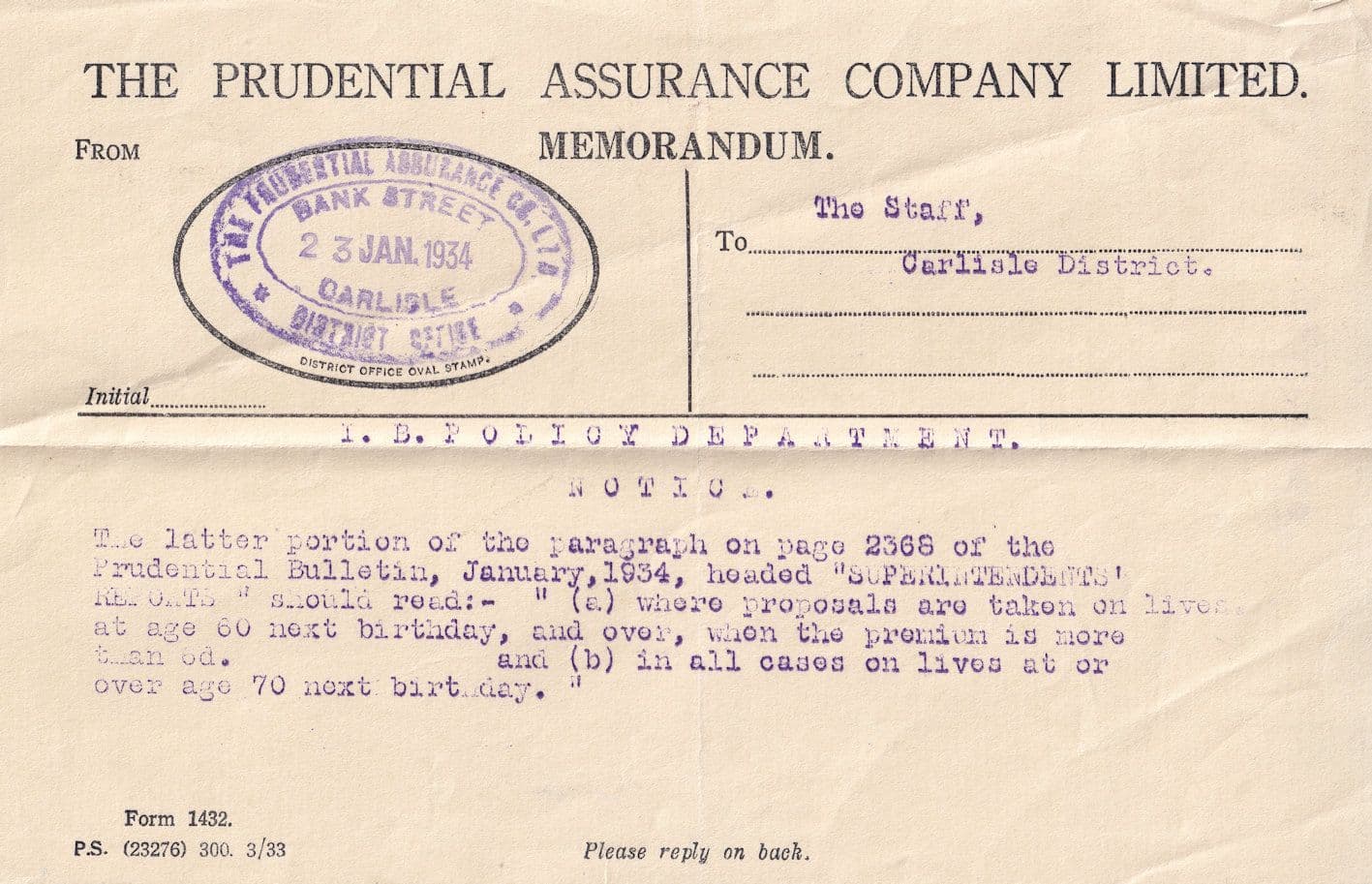 Prudential Insurance Welsh Carlisle 1934 Age Division OAP Receipt
