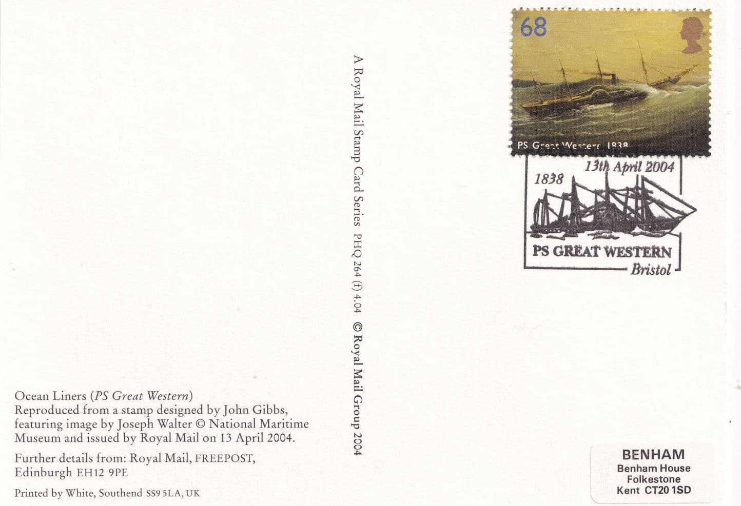 PS Great Western 1838 Ship Bristol First Day Cover PHQ Rare Postcard