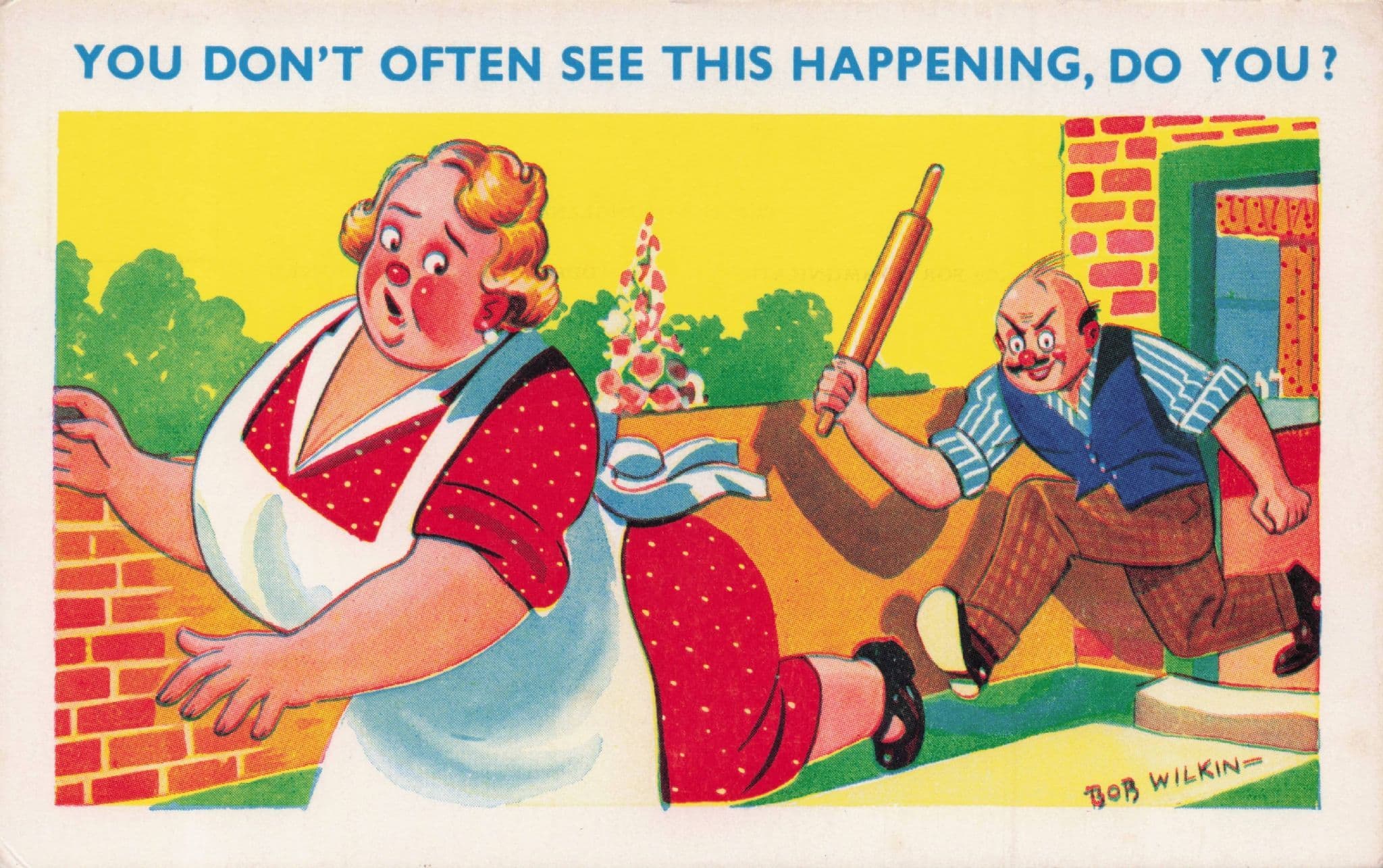Psycho Wife Beater Husband Man Chases Breadpin Weapon Old Comic Postcard