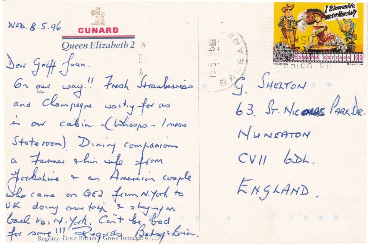 QE2 Cunard Line Ship Strawberries & Cream Cabin Treat Sent On Board Postcard
