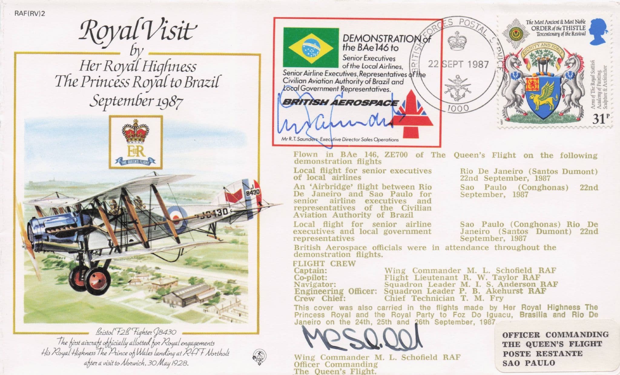 Queen Elizabeth Royal Visit To Brazil British Aerospace Hand Signed FDC