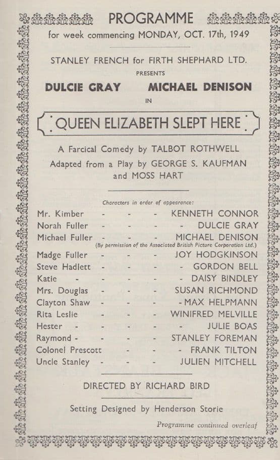 Queen Elizabeth Slept Here Talbot Rothwell Nottingham Theatre Royal Programme