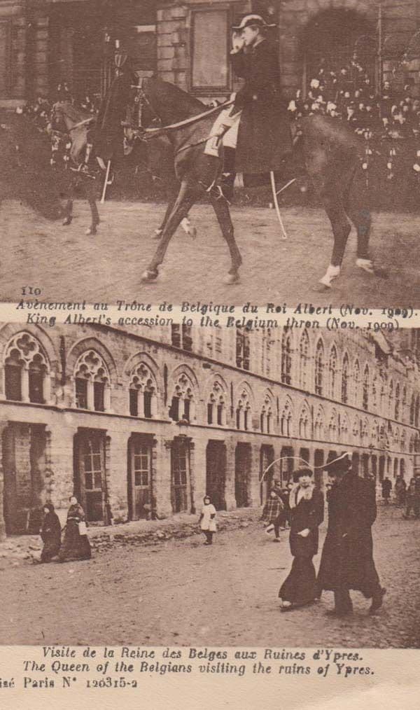 Queen Of Belgium Visiting Ypres Ruins Bomb Damage WW1 Postcard + King Albert