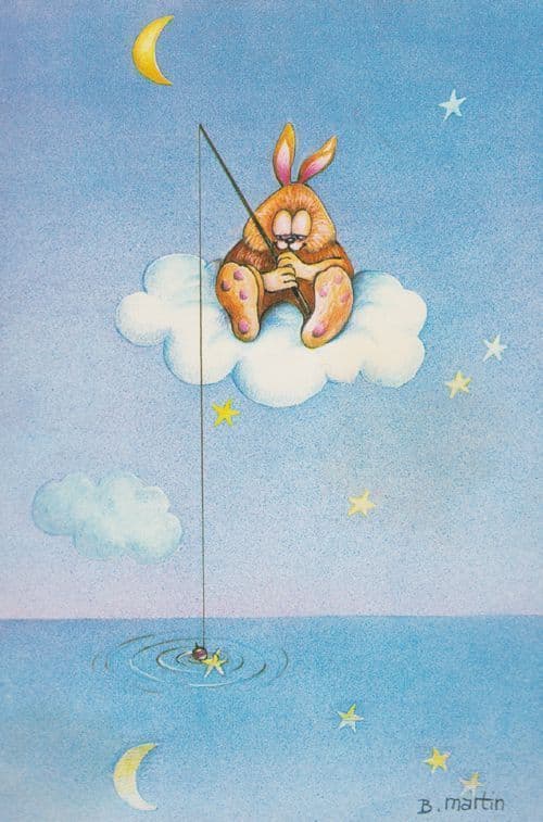 Rabbit Fishing On Cloud Rabbits Star Fish Moon French Cute Animal Comic Postcard