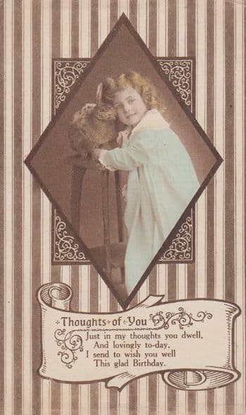Rabbit Happy Birthday Girl Cuddling Animal Antique Postcard