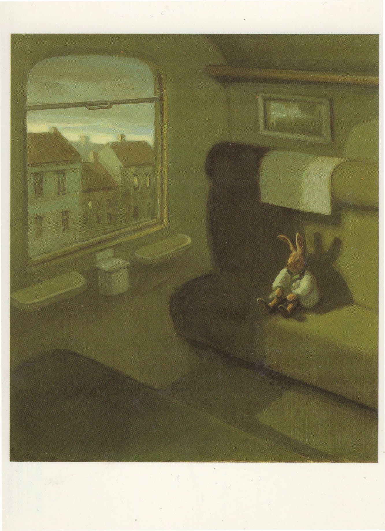 Rabbit in Train Railway Carriage German Painting Postcard