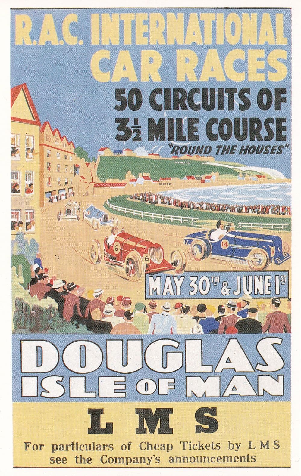 RAC International Car Races Isle Of Man Train Poster Postcard