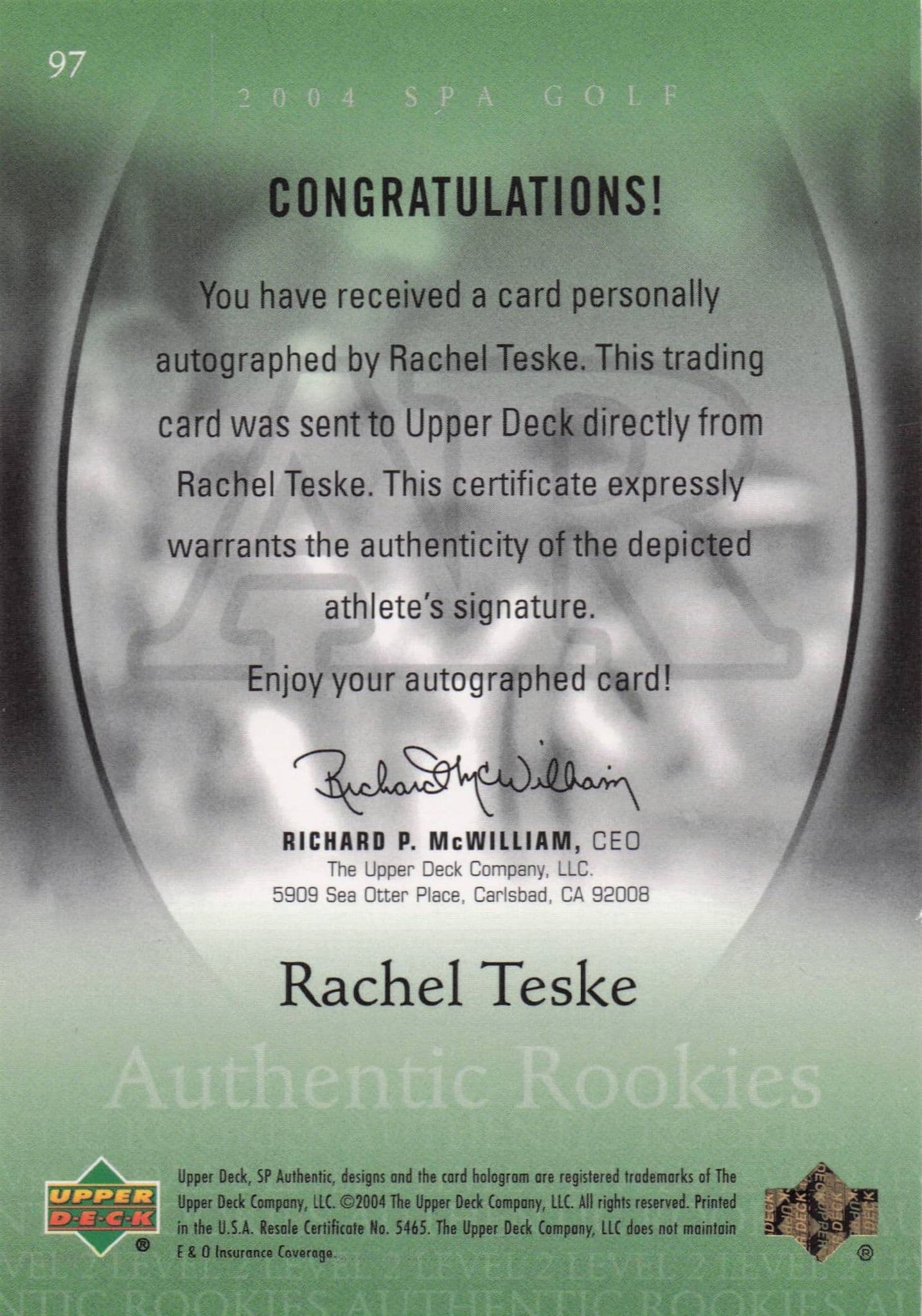 Rachel Teske Authentic Rookies 2004 Golf SP Hand Signed Autograph Card
