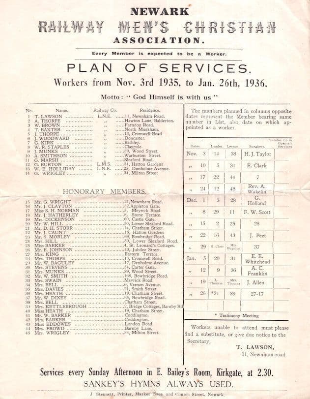 Railway Mens Christian Association Newark Kirkgate 1936 Ephemera