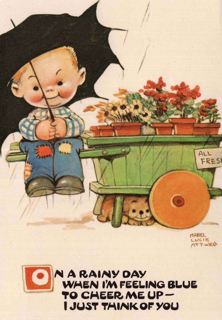Rainy Day Flower Seller Comic Mabel Lucie Attwell Postcard