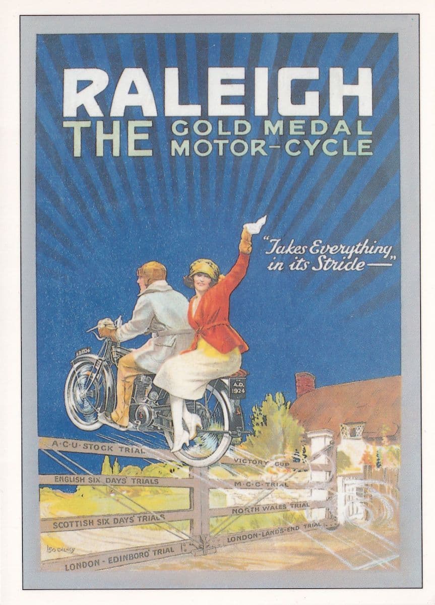Raleigh Gold Metal Motor Cycle Advertising Poster Postcard
