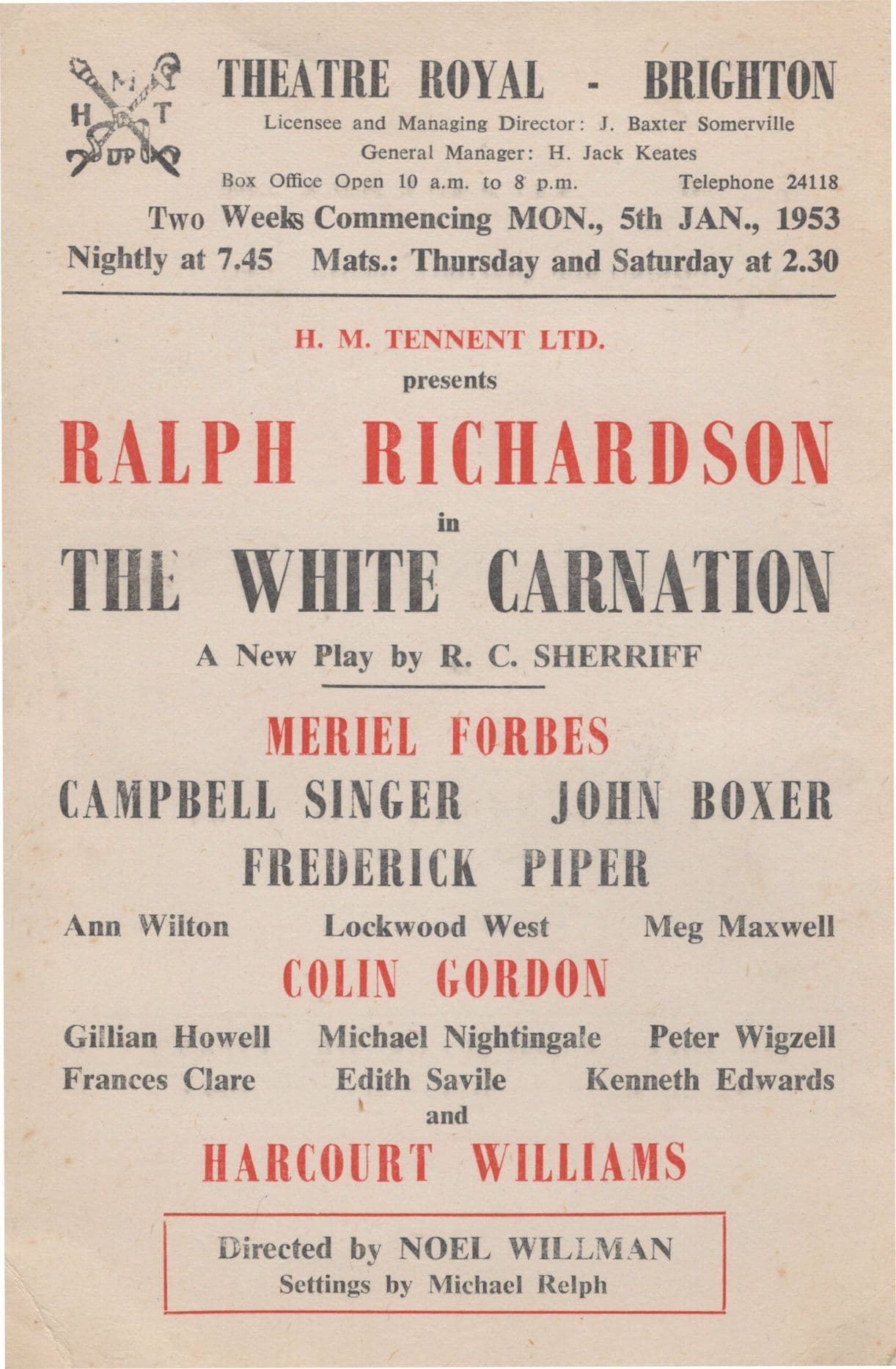 Ralph Richardson The White Carnation Brighton Theatre Flyer