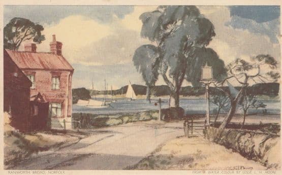 Ranworth Broad Norfolk Local Artist Watercolour Jarrolds Antique Postcard