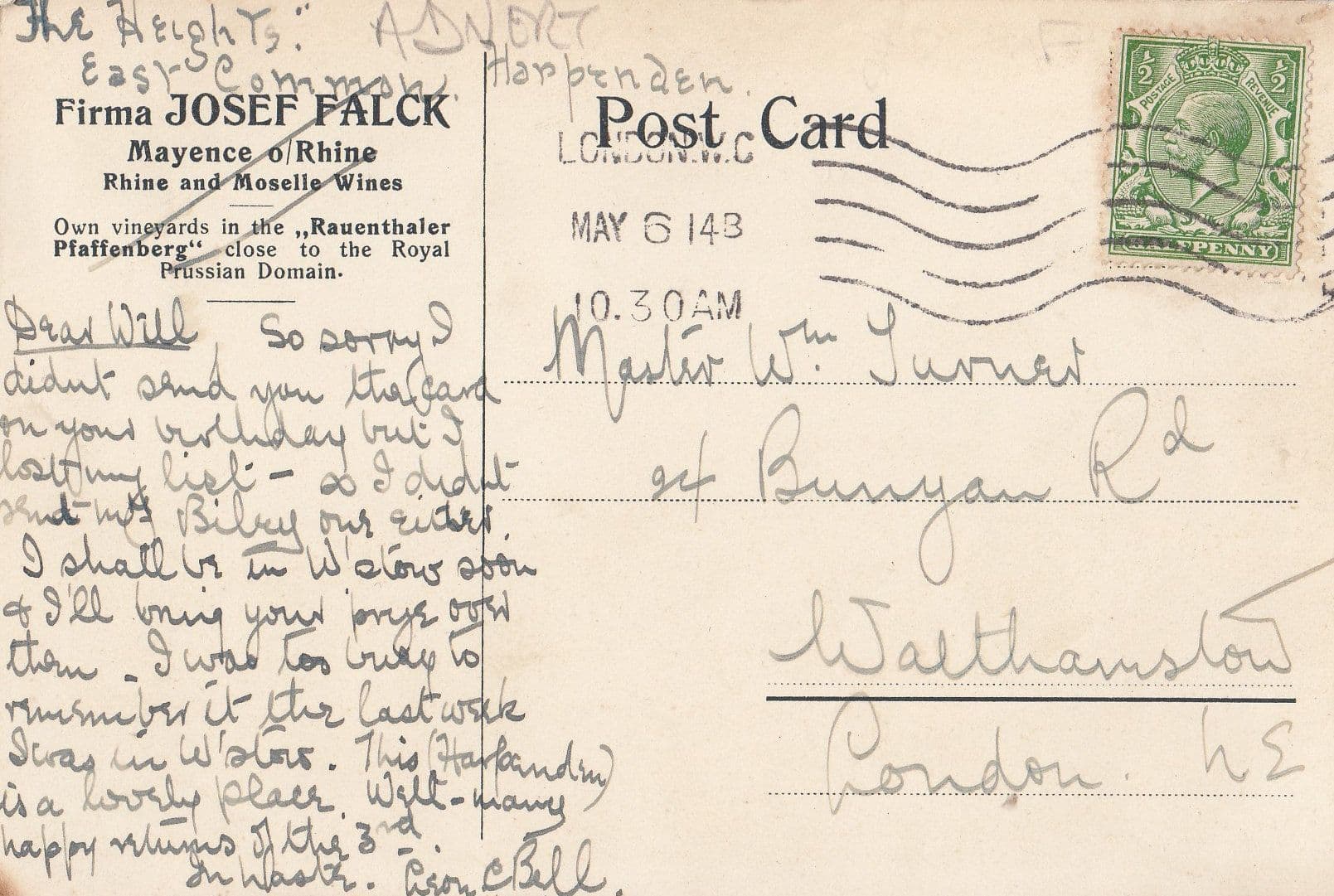 Rauentheler Plaffenberg Prussian German Wine Vineyards Advertising WW1 Postcard