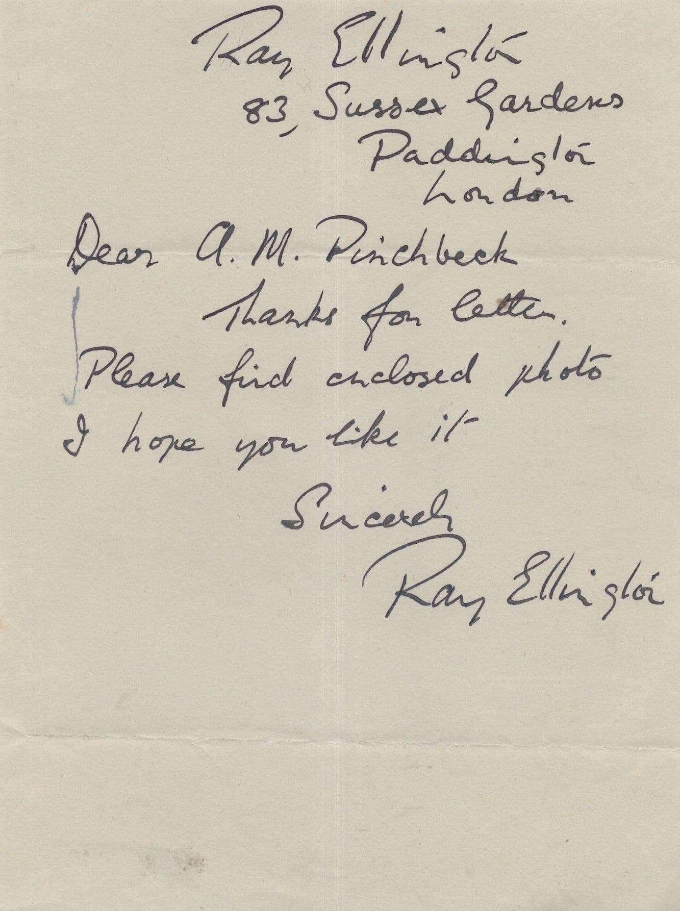 Ray Ellington The Goon Show Fully Hand Written & Signed Letter