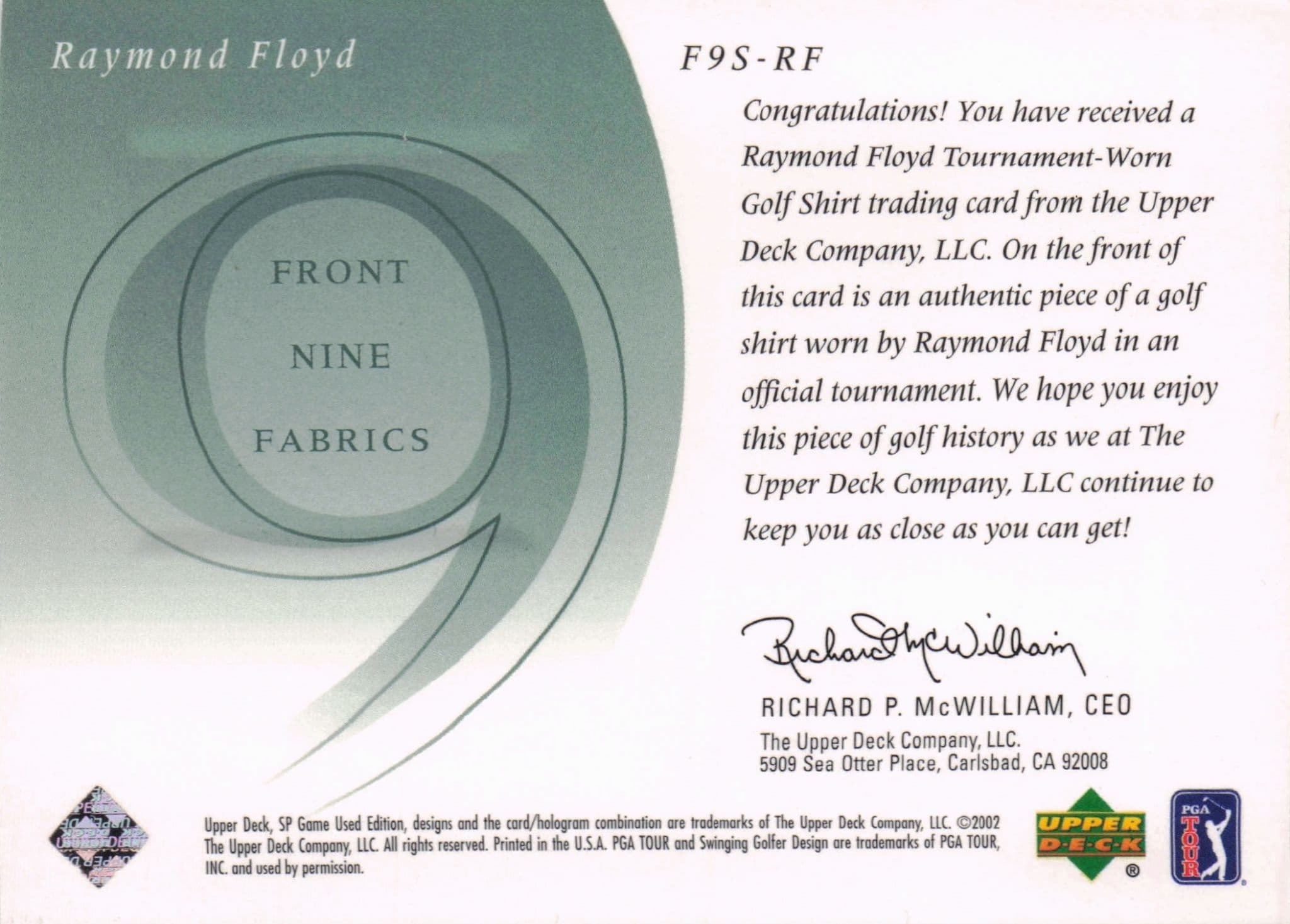 Raymond Floyd Front 9 Fabric 2002 Upper Deck Authentic Shirt Card