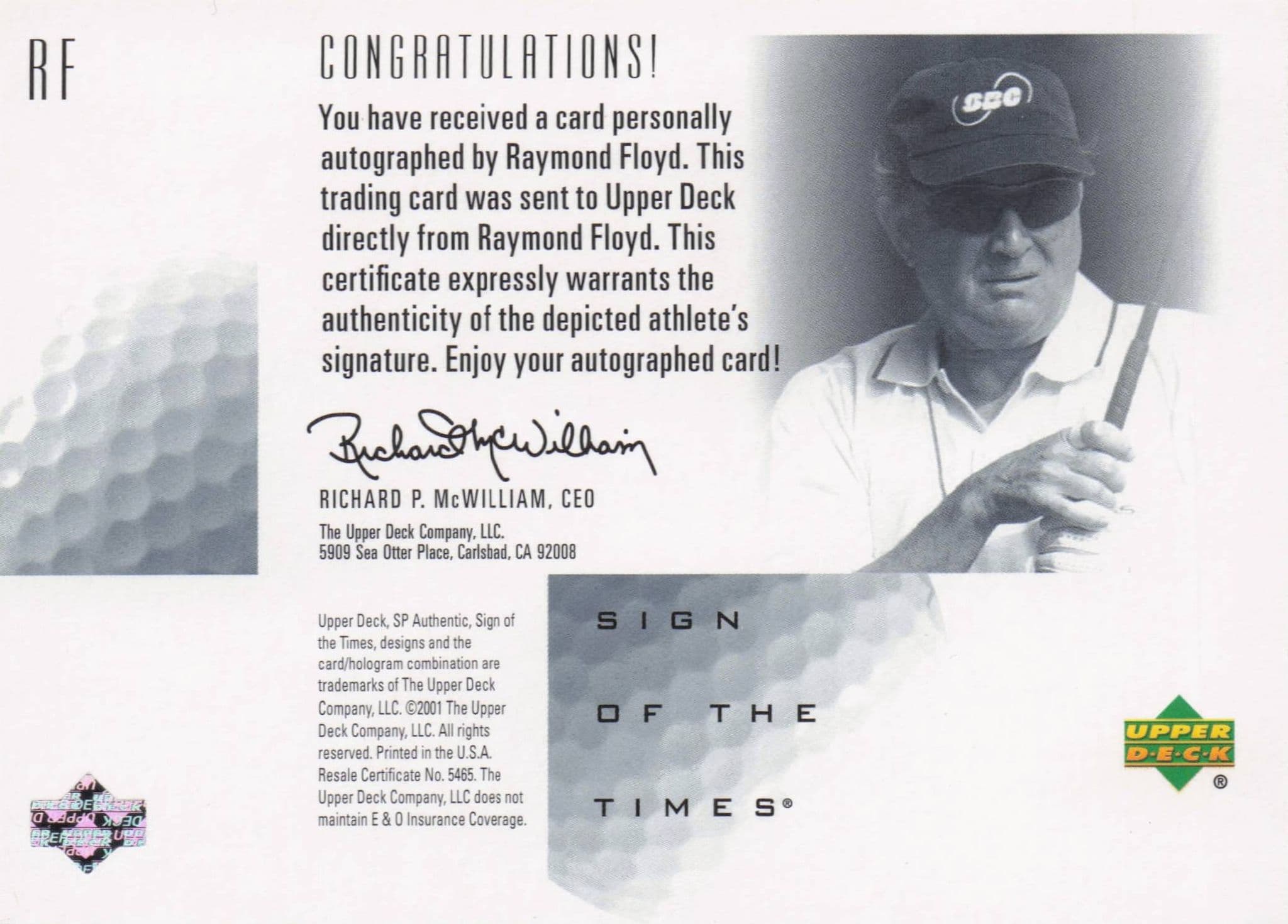 Raymond Floyd Sign Of The Times Hand Signed 2001 SP Golf Autograph Card