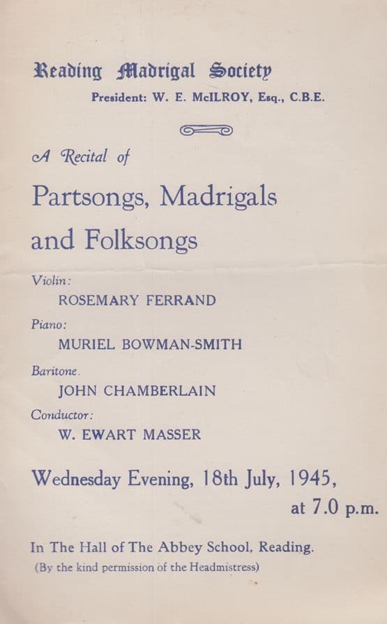 Reading Madrigal Berkshire WW2 War Abbey School Fundraising Old Concert Programme